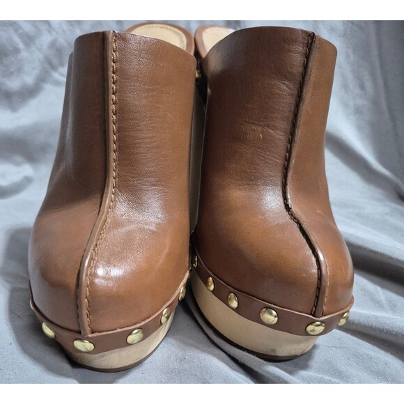Michael Kors platform clog gold studded Liana leather sz 5 tank brown heels shoe - Picture 6 of 6